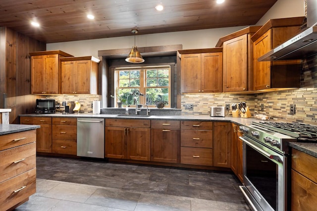 kitchen with a sink, stainless steel appliances, wooden ceiling, recessed lighting, and wall chimney exhaust hood