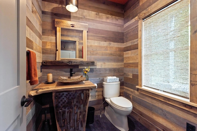 bathroom featuring wood walls, vanity, and toilet