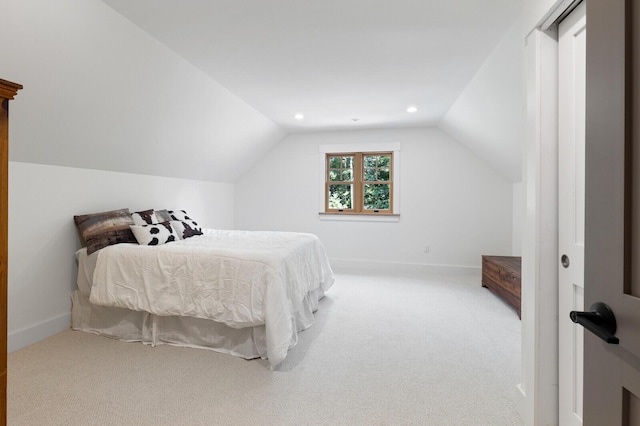 bedroom featuring baseboards, recessed lighting, carpet floors, and vaulted ceiling