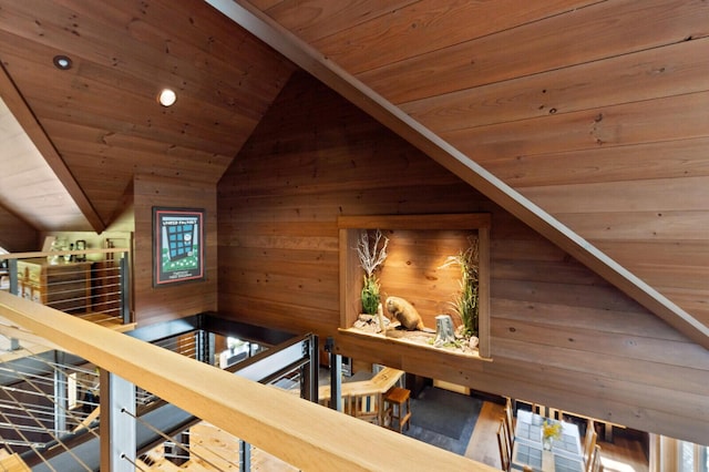 additional living space with wooden walls, lofted ceiling, a sauna, and wood ceiling