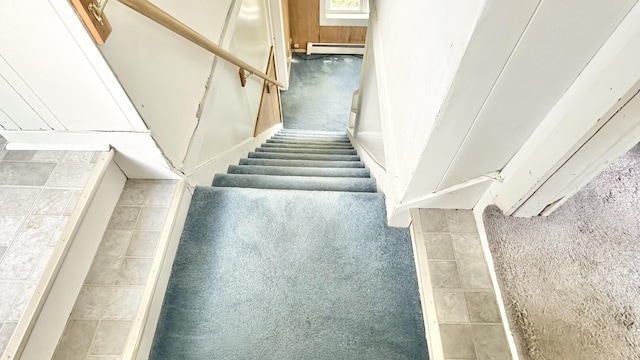 120 Knox St, Millinocket, ME 04462 - stairs with a baseboard heating unit and carpet floors