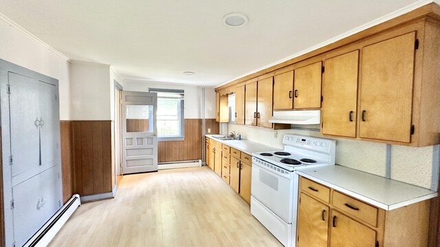 kitchen featuring white electric range, baseboard heating, light hardwood / wood-style floors, and sink