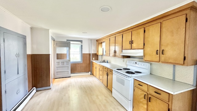 120 Knox St, Millinocket, ME 04462 - kitchen featuring a baseboard heating unit, white electric range, a wainscoted wall, and under cabinet range hood