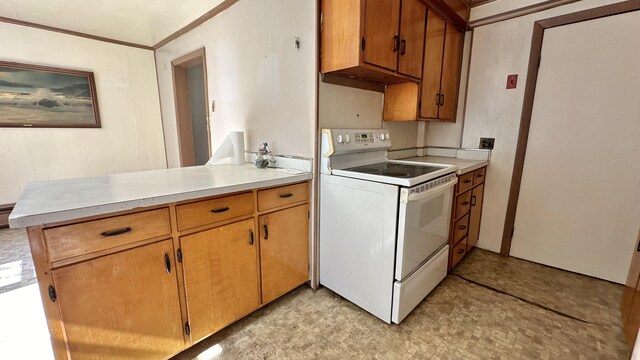 kitchen featuring white electric range, kitchen peninsula, and ornamental molding