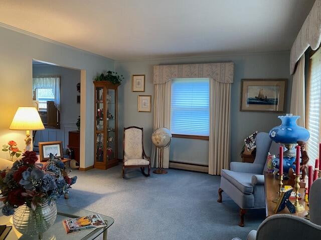 living area with a baseboard radiator and carpet flooring