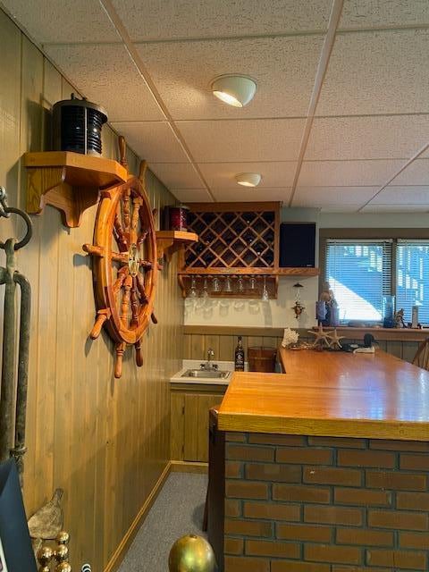 bar with wood walls, a paneled ceiling, carpet, and sink