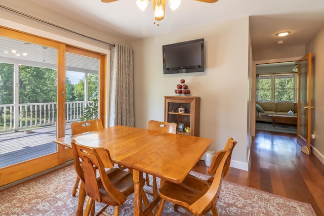dining room with baseboards, ceiling fan, wood finished floors, and a healthy amount of sunlight