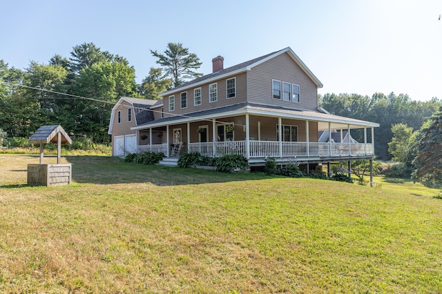 country-style home featuring a front yard, a porch, a garage, and a chimney