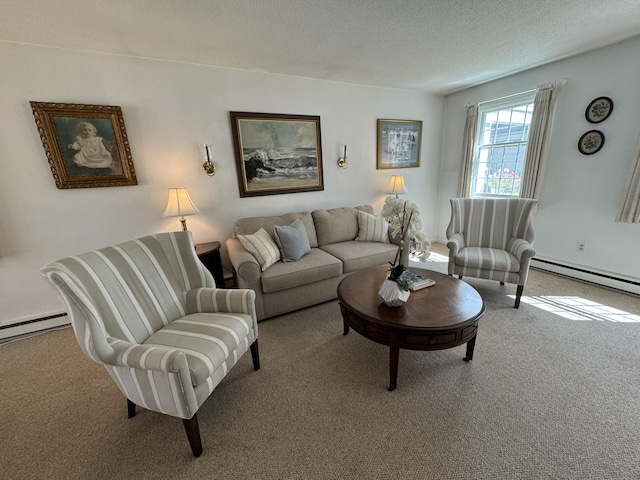 living room featuring a textured ceiling, a baseboard radiator, and carpet floors