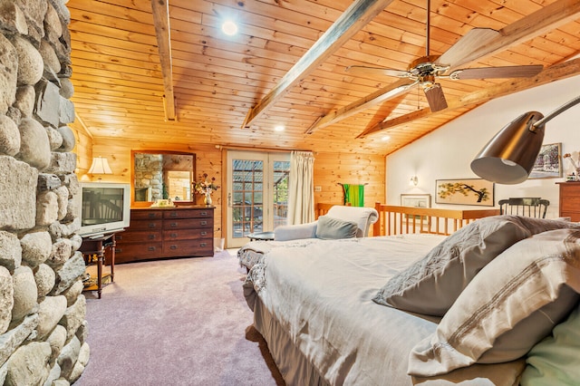 carpeted bedroom with wood ceiling, wooden walls, access to exterior, and lofted ceiling with beams