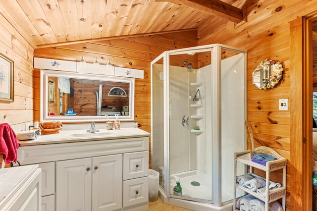 bathroom with walk in shower, wooden walls, wood ceiling, vanity, and vaulted ceiling