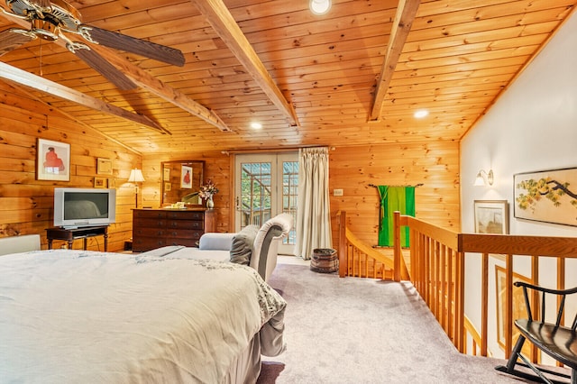 bedroom featuring wood ceiling, carpet, vaulted ceiling, and ceiling fan