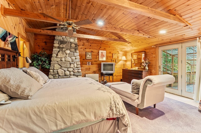 carpeted bedroom with wood ceiling, access to outside, french doors, and vaulted ceiling with beams