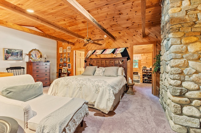 bedroom featuring light carpet, wood ceiling, ceiling fan, wooden walls, and vaulted ceiling with beams