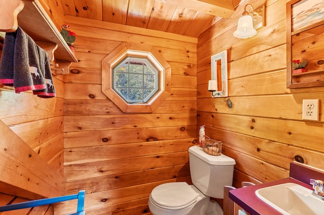 bathroom featuring wood ceiling, vanity, toilet, and wooden walls