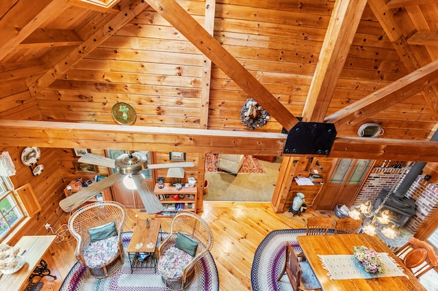 unfurnished living room featuring beamed ceiling, a wood stove, hardwood / wood-style floors, ceiling fan, and wooden walls