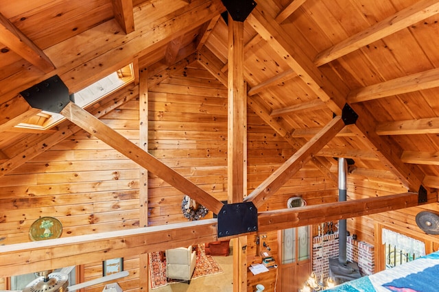 interior details featuring wood walls, wood ceiling, and beam ceiling