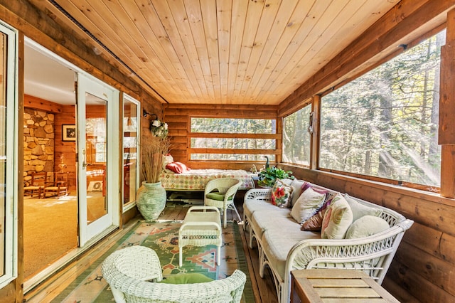 sunroom with wood ceiling