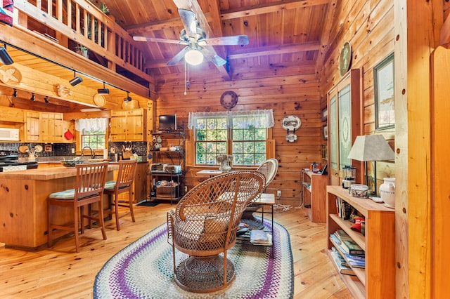 dining space with wooden ceiling, plenty of natural light, ceiling fan, and wooden walls