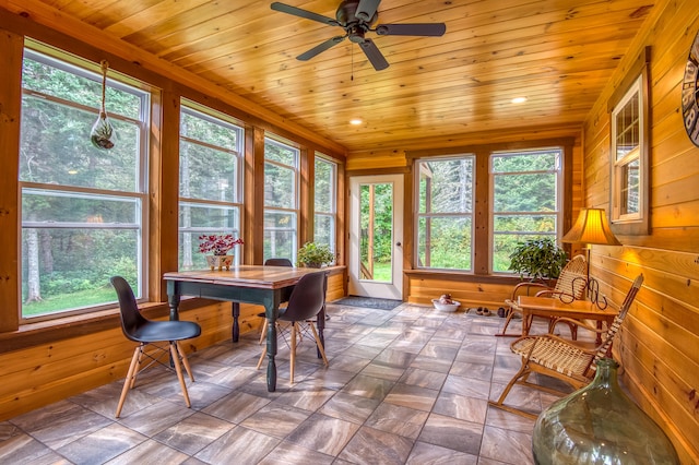 sunroom with ceiling fan, plenty of natural light, and wooden ceiling