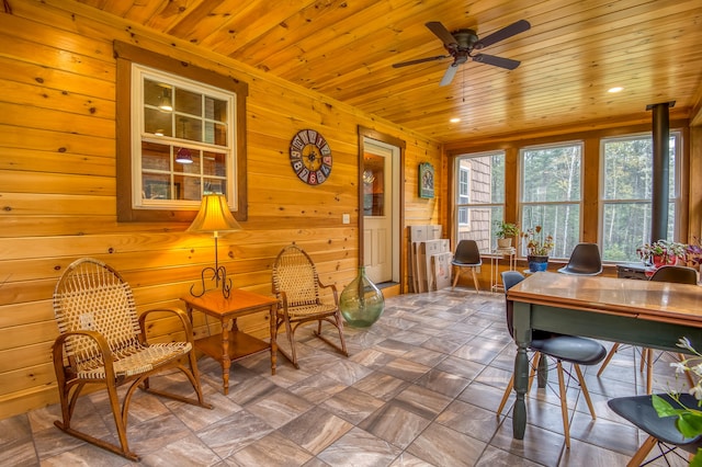 sunroom / solarium with wood ceiling and ceiling fan