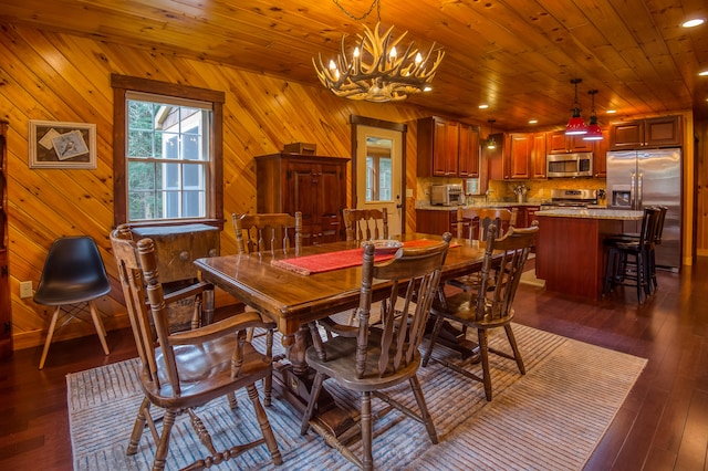 dining area with wood ceiling, wooden walls, dark hardwood / wood-style floors, and an inviting chandelier