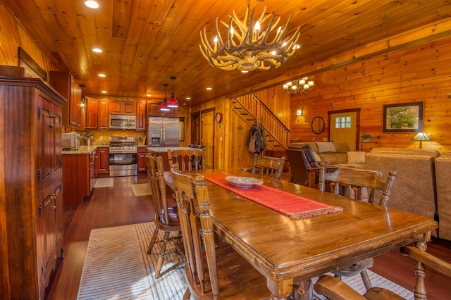 dining area with wooden ceiling, wood walls, and dark hardwood / wood-style floors