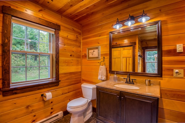 bathroom with wood ceiling, a baseboard heating unit, wood walls, vanity, and toilet