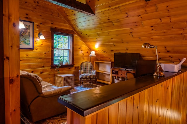 bedroom featuring vaulted ceiling with beams and wood walls