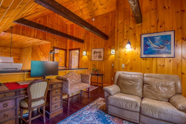 office area featuring beam ceiling, high vaulted ceiling, wooden walls, dark hardwood / wood-style flooring, and wooden ceiling