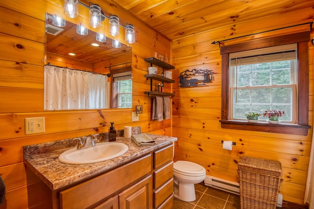 bathroom with vanity, wood ceiling, plenty of natural light, and toilet