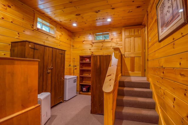 stairway featuring carpet floors, wooden walls, and wooden ceiling