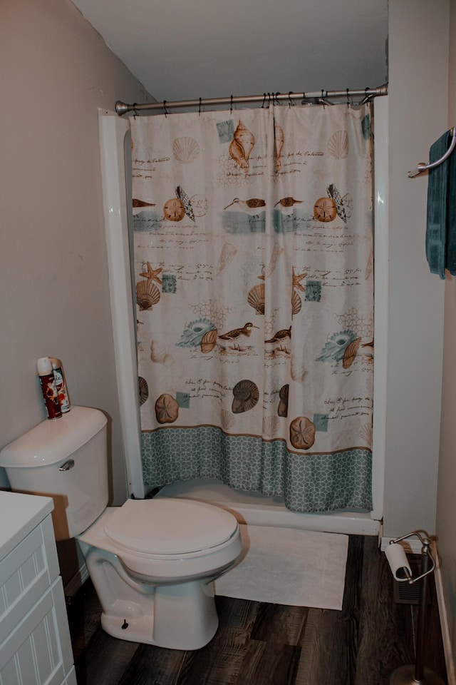 24 Elm St, Houlton, ME 04730 - bathroom featuring wood finished floors, toilet, curtained shower, and vanity