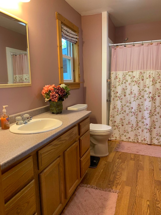 bathroom with wood-type flooring, vanity, toilet, and a shower with shower curtain