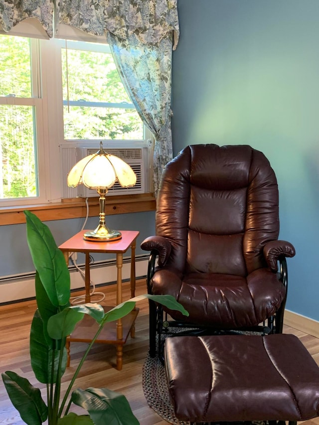 living area featuring a baseboard radiator and hardwood / wood-style floors