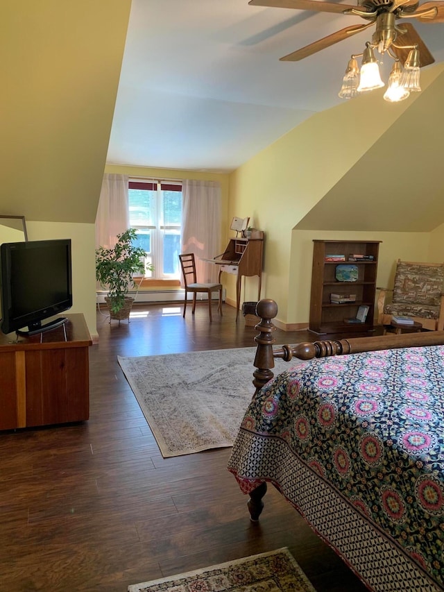 bedroom featuring lofted ceiling, dark hardwood / wood-style floors, and ceiling fan