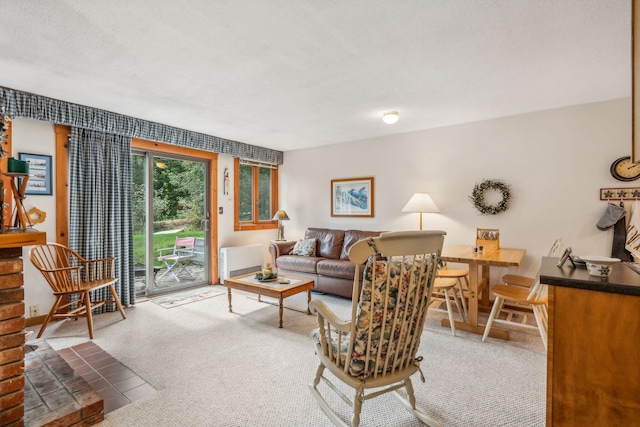 living room featuring carpet floors and baseboards