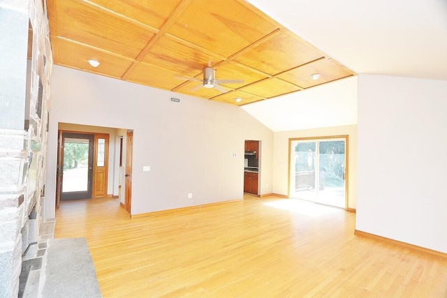 unfurnished living room with light hardwood / wood-style floors, wood ceiling, plenty of natural light, and ceiling fan