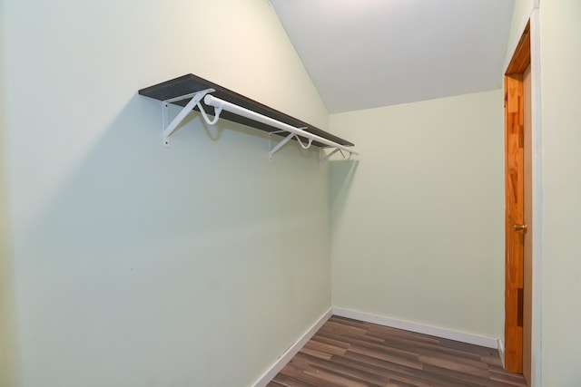 spacious closet with vaulted ceiling and dark hardwood / wood-style floors