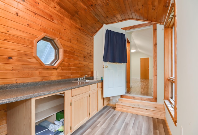 bathroom featuring lofted ceiling, vanity, wooden ceiling, and hardwood / wood-style flooring