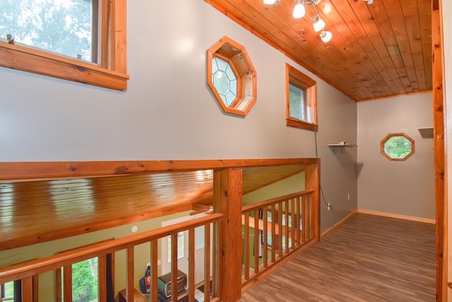 stairway with wood ceiling and wood-type flooring