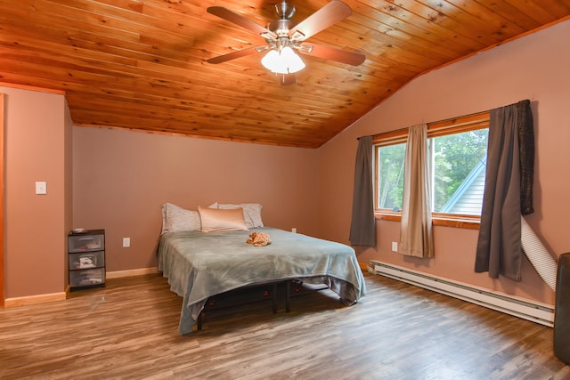 bedroom featuring wood-type flooring, a baseboard radiator, ceiling fan, wooden ceiling, and vaulted ceiling