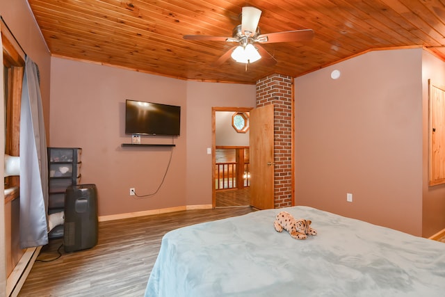 bedroom with wood-type flooring, ceiling fan, and wooden ceiling