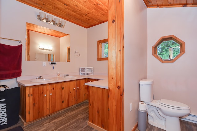 bathroom featuring wood ceiling, toilet, wood-type flooring, and vanity