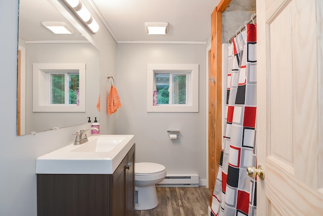 bathroom featuring vanity, a shower with shower curtain, wood-type flooring, toilet, and baseboard heating