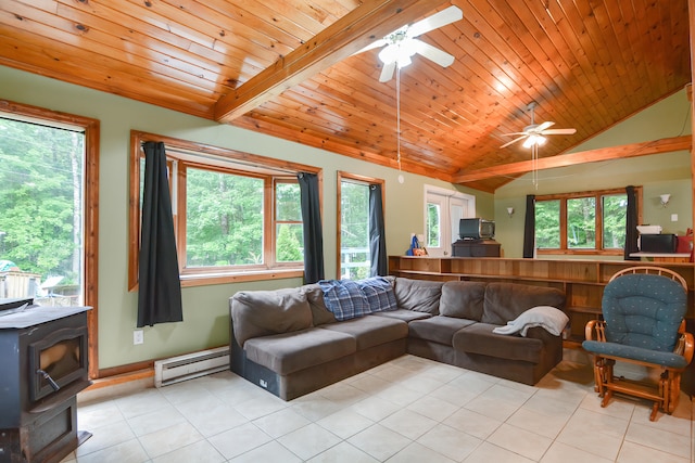 living room featuring lofted ceiling with beams, baseboard heating, light tile patterned floors, and ceiling fan