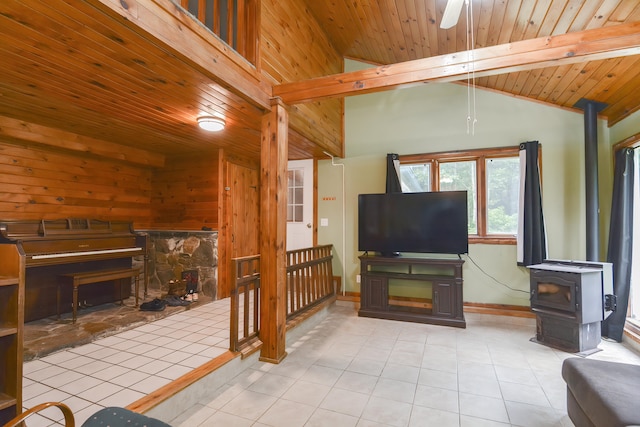 living room with wood walls, a wood stove, ceiling fan, wood ceiling, and light tile patterned flooring