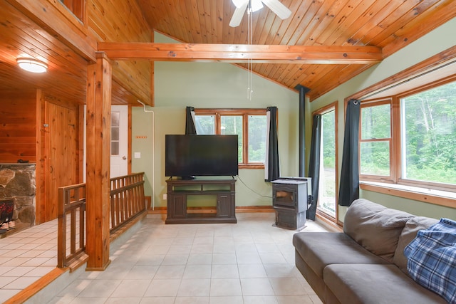 living room with wooden ceiling, lofted ceiling with beams, light tile patterned floors, and ceiling fan