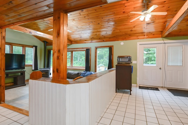 interior space with wooden ceiling, lofted ceiling with beams, plenty of natural light, and ceiling fan