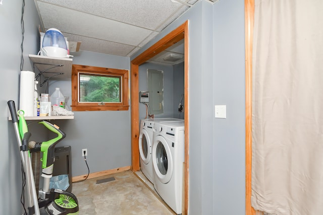 clothes washing area featuring electric panel and washer and clothes dryer